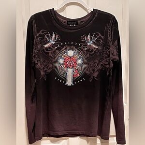 Affliction Long-Sleeve Graphic Tee Black with Red and blue crystal design Sz L